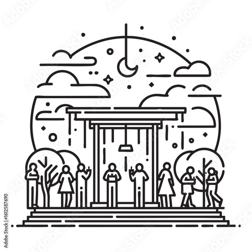 people gathering under night pavilion   line art illustration