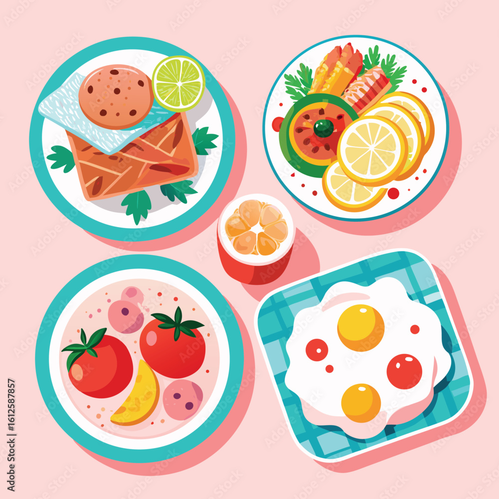 Salmon steak with lime and cookie shrimp with lemon slices and parsley orange segments and tomatoes with fried eggs Salmon steak with lime and cookie shrimp with lemon slices and parsley orange segments and tomatoes with fried eggs