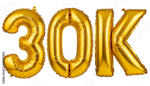 Gold foil balloons spelling out 30K against a white background
