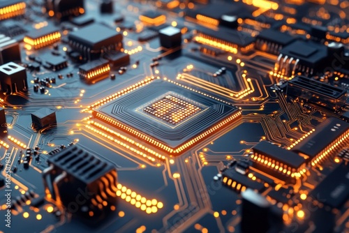 Circuit Board's intricate detail: A close-up view showcases the complex design of a circuit board, illuminated with glowing light, depicting the intricate network of a modern computer.