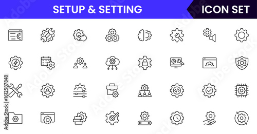 Setup and setting vector line icons featuring gears, sliders, tools, preferences, configurations, controls, adjustments, customization, system options, and interface elements.