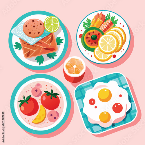 Colorful Plates of Food with Fruits and Eggs