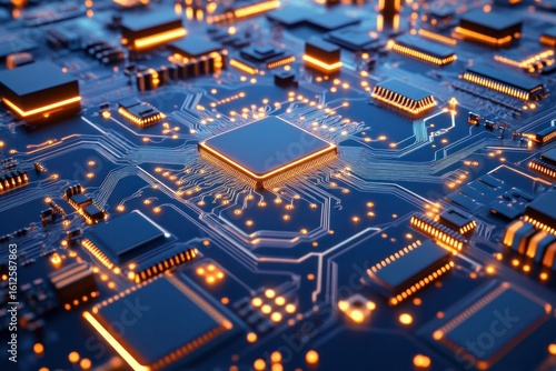 Circuit Board's Digital Essence: A captivating macro perspective showcases an illuminated circuit board, the heart of technological innovation, with intricate pathways of digital data.