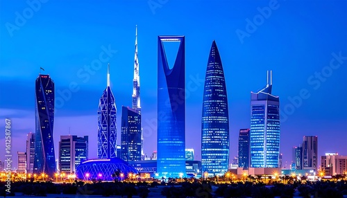 Spectacular Riyadh skyline at twilight, illuminated with vibrant city lights and modern architecture