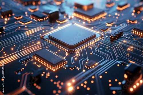 Circuit Board Technology: Close-up of intricate computer circuitry, a visual symphony of digital technology, showcasing glowing processors, electronic components, and pathways.