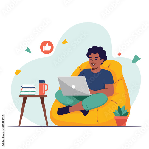 Illustration of a person sitting on a beanbag chair using a laptop with books and plant nearby