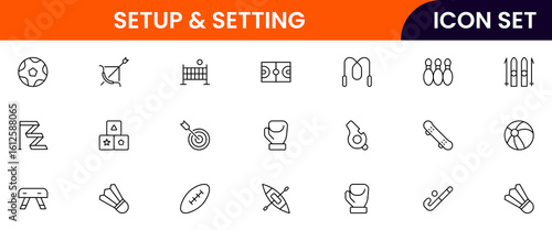 Setup and setting vector line icons featuring gears, sliders, tools, preferences, configurations, controls, adjustments, customization, system options, and interface elements.
