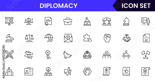 Diplomacy vector line icons featuring handshake, peace symbols, globes, negotiations, treaties, communication, alliances, embassies, international relations, and conflict resolution elements.