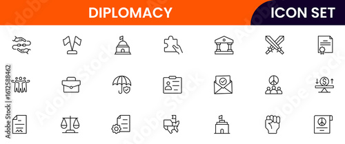 Diplomacy vector line icons featuring handshake, peace symbols, globes, negotiations, treaties, communication, alliances, embassies, international relations, and conflict resolution elements.