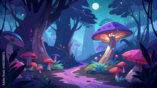 Illustration of a magical forest with glowing mushrooms and a winding path under a full moon at night