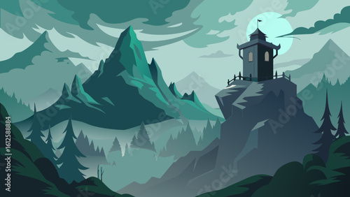 Illustration of a tower on a cliff with mountains and trees under a cloudy moonlit sky landscape view