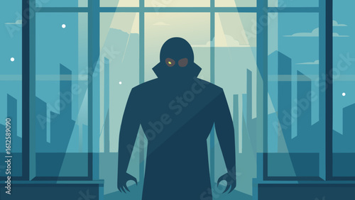Dark figure with glowing eyes standing in front of a large window overlooking a city skyline at night