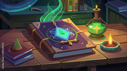 A magical book with a green gem pendant and a potion on a wooden table in a dimly lit room scene
