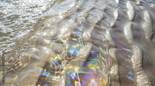 Iridescent plastic lies on a sandy beach, with the texture of water ripples adding an extra allure. The plastic catches the light, glowing with various shimmering hues, while the soft sand beneath for