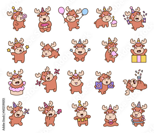 Elk party cute kawaii character set in cartoon style with party hats, balloons, cakes, confetti and various fun poses for celebration themed design illustrations