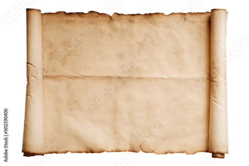 Aged parchment paper scroll with burnt edges isolated on a transparent background