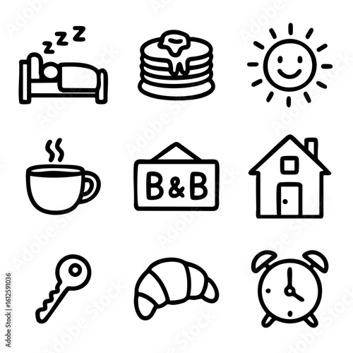 A set of doodle line icons featuring bed and breakfast symbols, morning routines, hospitality services, cozy lodging, and fresh breakfast items