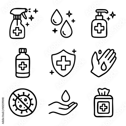 A set of doodle line icons showing hand hygiene, sanitizers, disinfection, virus protection, and personal health care cleaning supplies