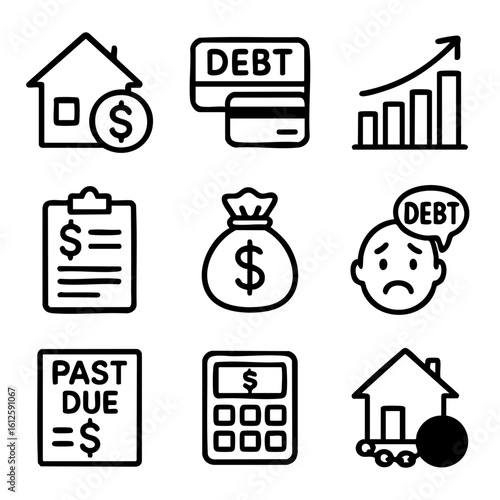 A set of doodle line icons illustrating debt, overdue payments, money management issues, credit cards, housing loans, and financial anxiety