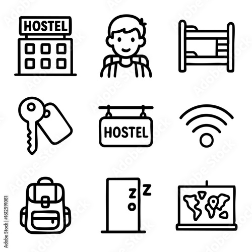 A set of doodle line icons representing hostel stay, budget travel, backpacking essentials, shared rooms, Wi-Fi access, and key services