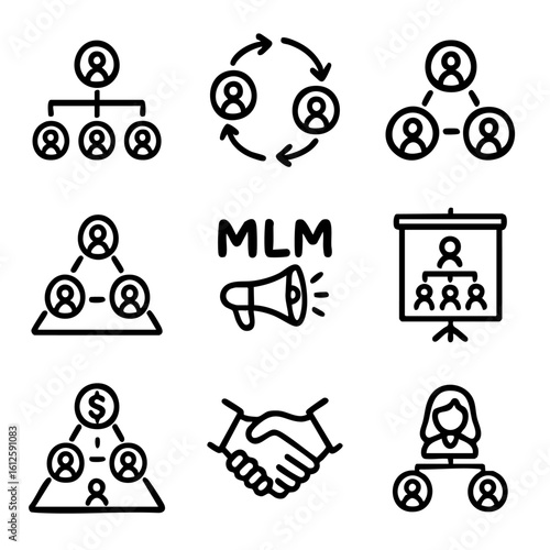 A set of doodle line icons representing multilevel marketing, referral networks, sales hierarchy, business recruitment, and partnership models