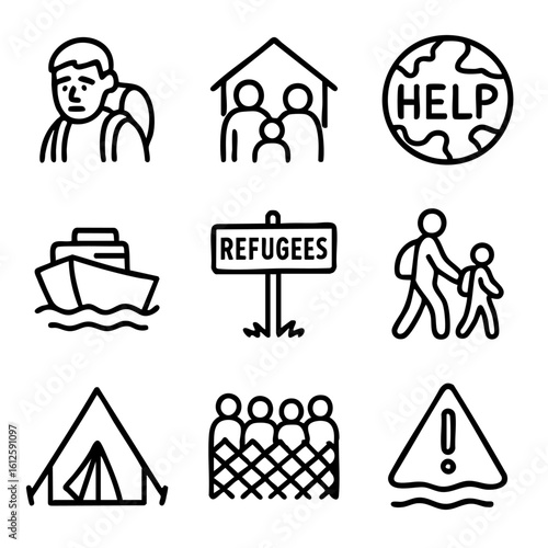 A set of doodle line icons depicting refugees, displacement, migration, humanitarian aid, border crises, asylum seeking, and global emergency