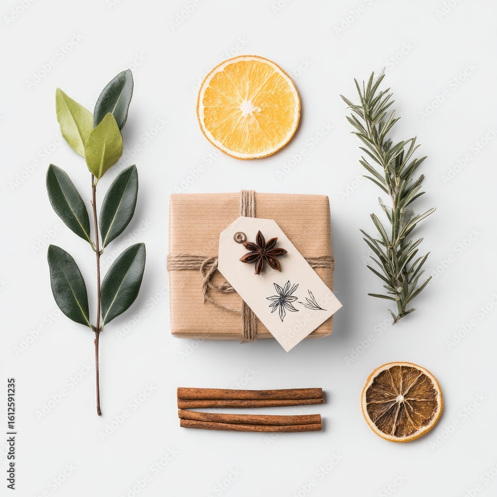 custom made wallpaper toronto digitalFlatlay of a rustic gift, sprigs of greenery, dried orange slices, cinnamon sticks, and star anise