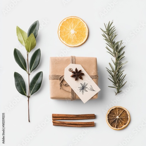 Wallpaper Mural Flatlay of a rustic gift, sprigs of greenery, dried orange slices, cinnamon sticks, and star anise Torontodigital.ca
