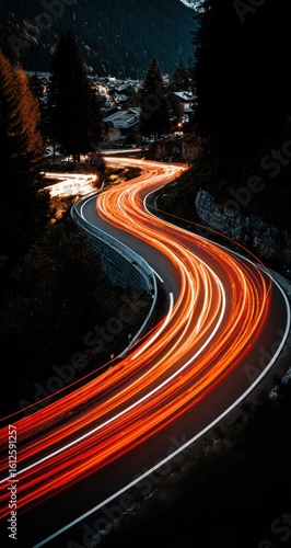 Winding road at dusk, long exposure shows light trails. Dense trees line sides. Dim background shows distant houses. Low light, warm vs cool contrast