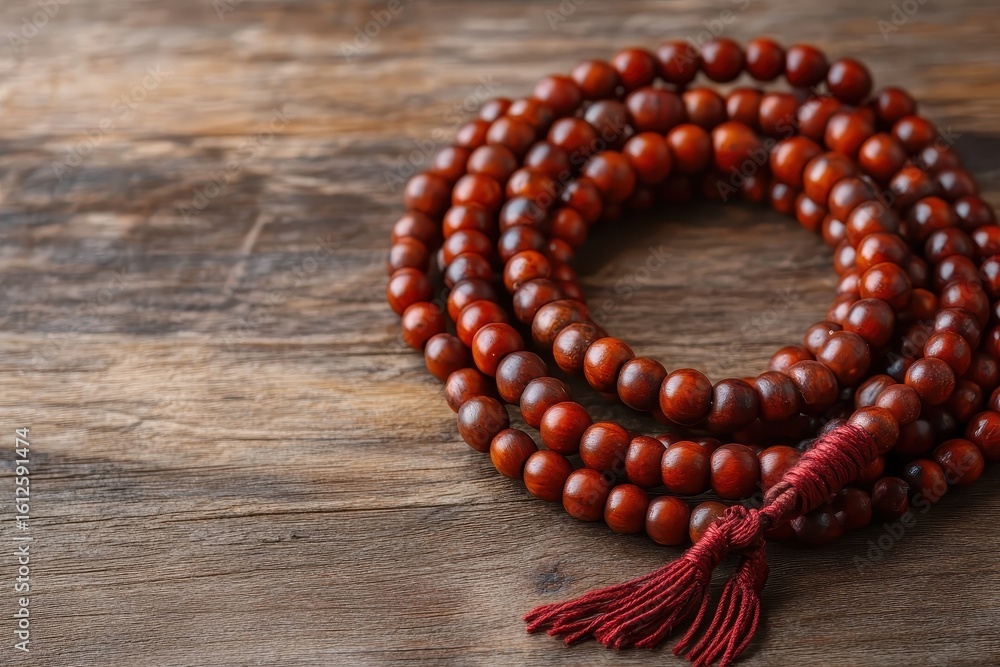 Wooden prayer beads on a rustic wooden surface. Wooden prayer beads on a rustic wooden surface.