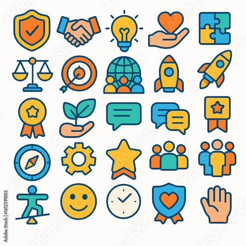 Colorful icons depicting business concepts: teamwork, success, innovation, growth, and protection.