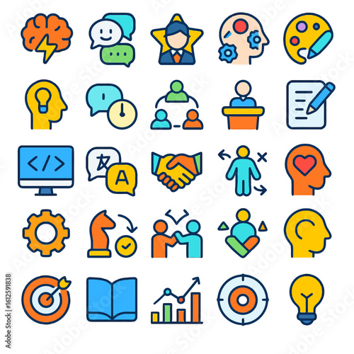 Colorful icons depicting business, communication, creativity, and teamwork concepts.