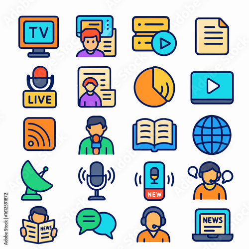 Collection of colorful vector icons representing news, broadcasting, media, communication, and information technology concepts.