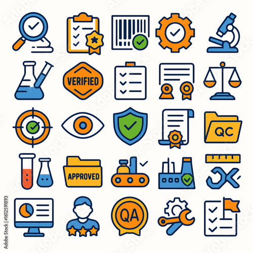 A collection of colorful icons representing quality control, verification, and approval processes.