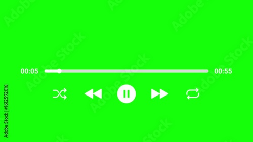 60 seconds minimal music player UI animation with a green screen and sleek white controls. The layout showcases a central pause button, shuffle and repeat icons, and a smooth horizontal progress bar.