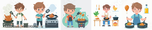 boy character vector cooking chicken
