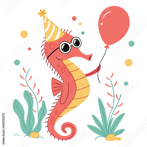 Festive Seahorse Celebration with Balloon Party Hat and Glasses for Ocean Themed Birthday Invitations and Childrens Illustrations