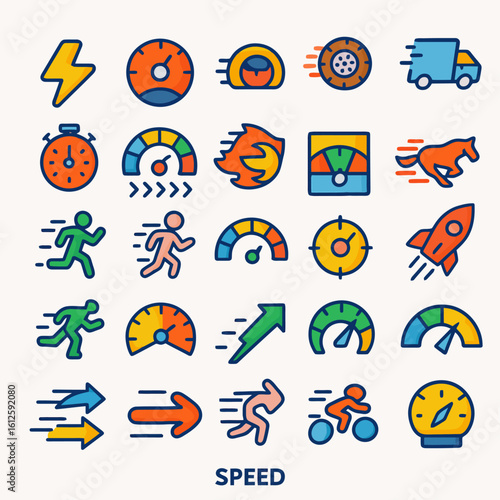 A collection of colorful icons representing speed, including lightning bolt, speedometer, running figures, rocket, arrows, and a cyclist.