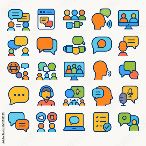 Collection of colorful communication icons, depicting various online and interpersonal interactions.