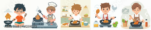 boy character vector cooking chicken