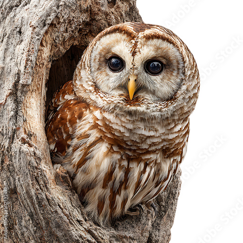 A barred owl with big dark eyes emerges from a tree hollow on transparent background