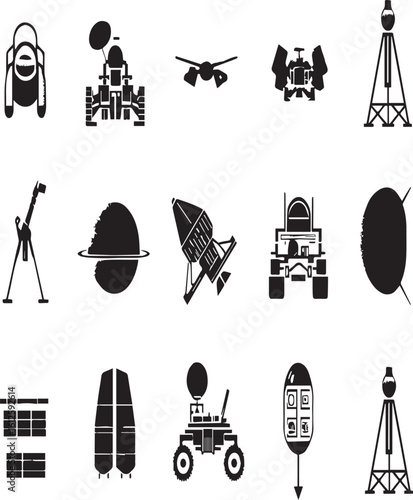 Collection of black and white space exploration icons including rovers and satellites on white background
