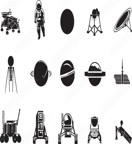 A collection of space exploration icons featuring an astronaut, rovers, planets, and communication dishes