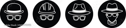 Hats and glasses vector icons collection of bowler hardhat fedora and wide brimmed hat