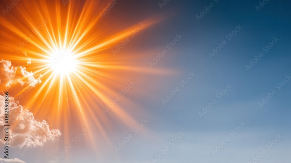 Obraz premium Celestial Brilliance: The sun bursts forth with radiating energy against a canvas of azure sky, punctuated by ethereal clouds, creating a dynamic spectacle of nature's beauty.