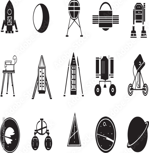 Collection of black and white space exploration icons including rockets and lunar vehicles displayed