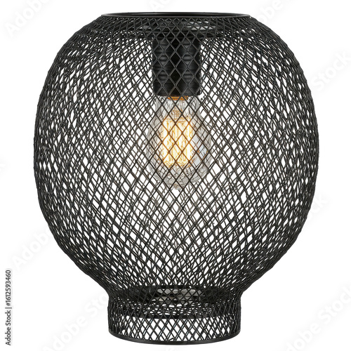 Modern black wire mesh lamp illuminating a cozy room with soft lighting and minimal decor