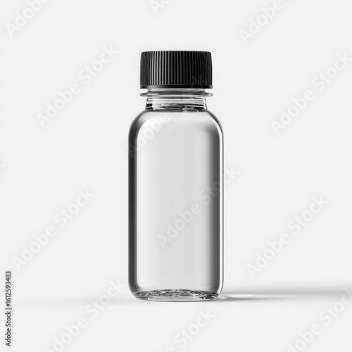 Clear plastic bottle with black cap, studio shot on white background;  shows product packaging potential