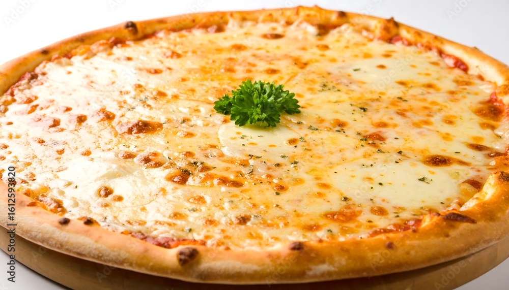 A cheese pizza on a wooden board, with melted cheese and a garnish of parsley A cheese pizza on a wooden board, with melted cheese and a garnish of parsley