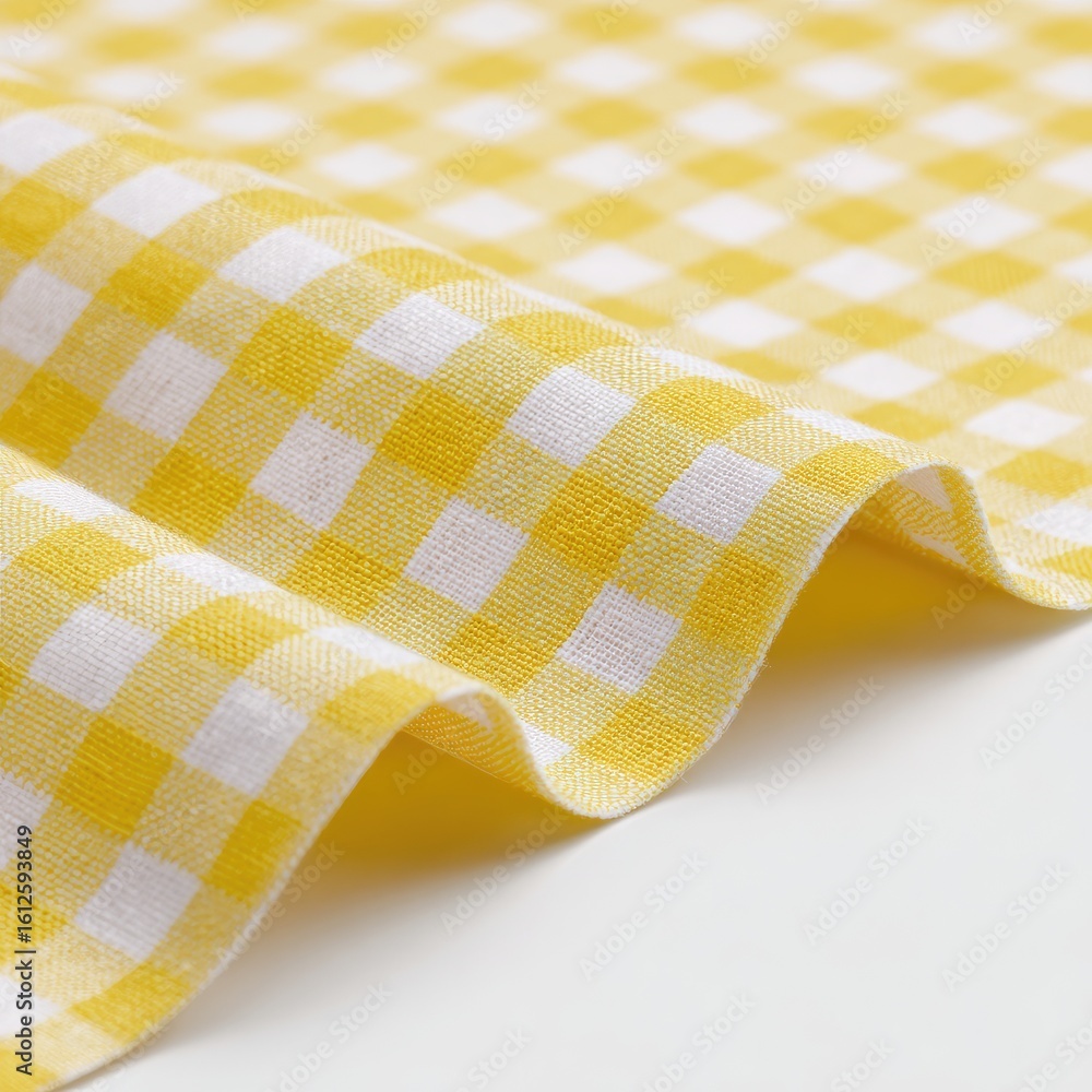 Soft, yellow gingham fabric with a subtle wave, showcasing its texture and fine weave Soft, yellow gingham fabric with a subtle wave, showcasing its texture and fine weave